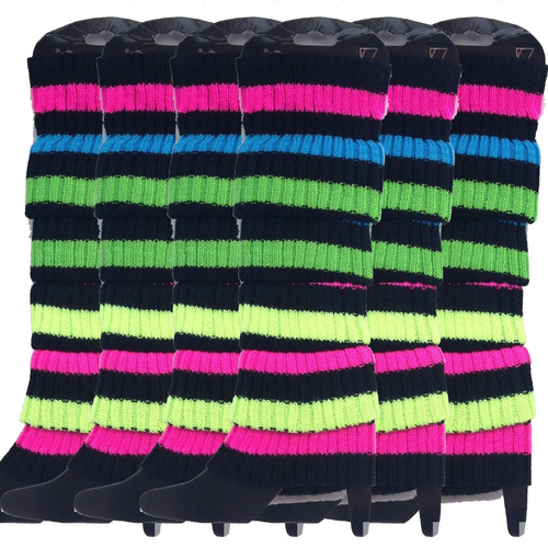 6x Womens Leg Warmers Disco Winter Knit Dance Party Crochet Legging Socks Costume - Rainbow with Black Stripe - Main Image