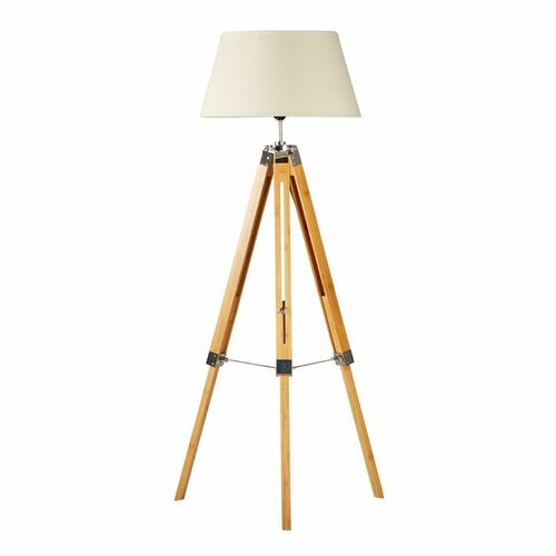 LARGE TRIPOD FLOOR LAMP Linen Shade Modern Light Bamboo Vintage Wooden Retro - Main Image
