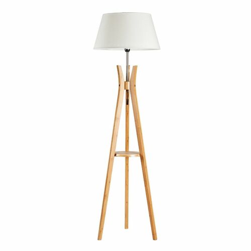 LARGE BAMBOO TRIPOD FLOOR LAMP Linen Shade Modern Light Vintage Wooden Scandi - Main Image