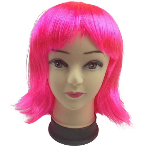 Bob Wig Costume Short Straight Fringe Cosplay Party Full Hair Womens Fancy Dress - Hot Pink - Main Image