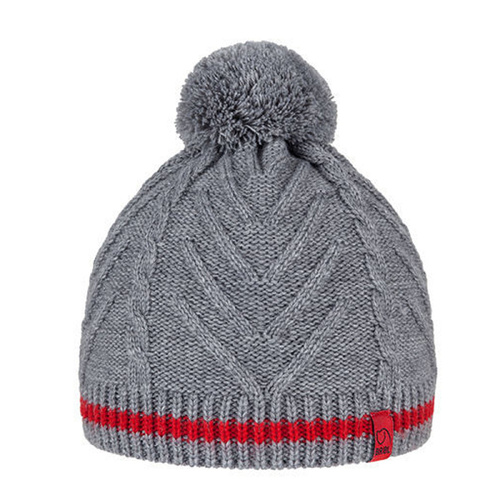 BRBL Merino Wool Blend Pull On BEANIE Hat Knitted Pom Pom - Grey/Red - S - Main Image