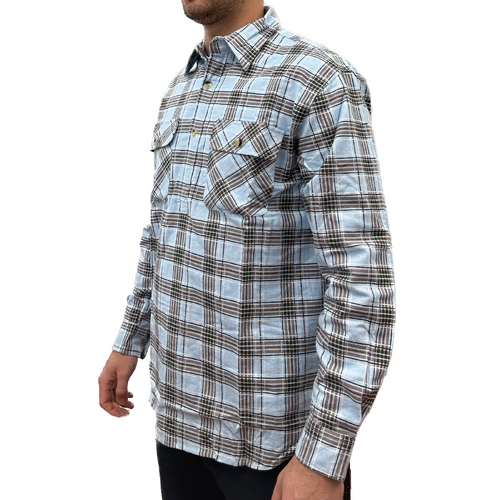 Mens Flannelette Long Sleeve Pullover Shirt 100% Cotton Flannel - Half Placket - Sky Blue/Grey Check - M - Main Image