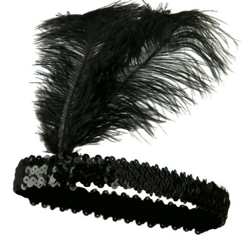 1920s FLAPPER HEADBAND Headpiece Feather Sequin Charleston Costume Gatsby Dance - Black - Main Image