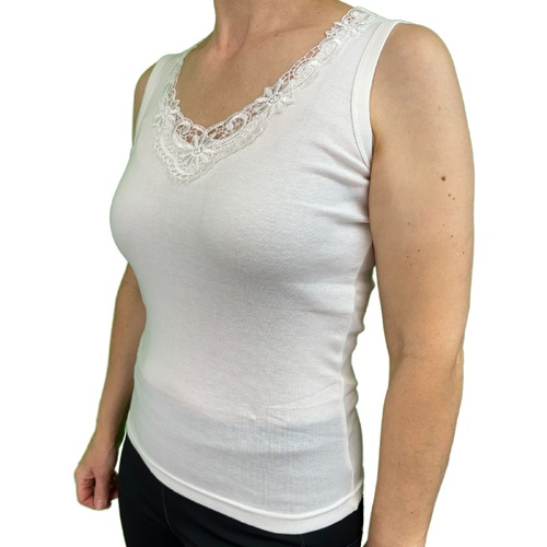 Ladies Sleeveless Singlet Top Womens Summer Basic Tank Shirt Lace Motif Front - Natural - 10-12 - Main Image