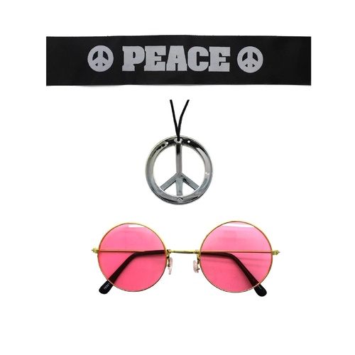 Hippie Kit Set Headband Glasses Pendant Peace Sign Necklace 60s 70s Costume - Main Image