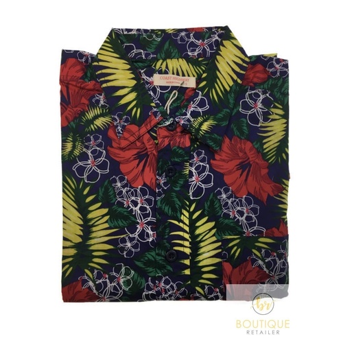 Mens Oahu Hawaiian Party Shirt Button Hippie Tops Short Sleeve Beach Holiday - Hibiscus Flower (1421) - S - Main Image
