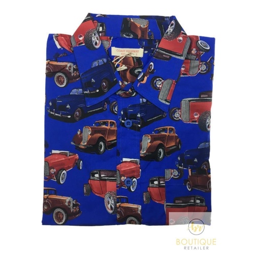 Mens Oahu Hawaiian Party Shirt Button Hippie Tops Short Sleeve Beach Holiday - Vintage Car (1425) - S - Main Image