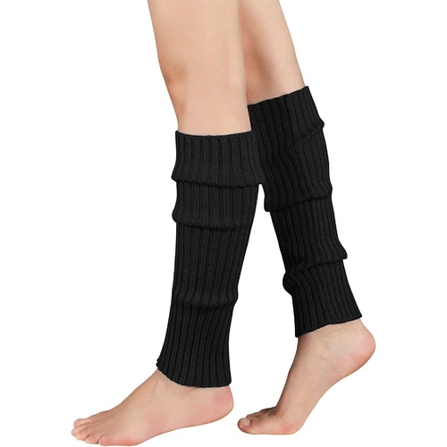 Pair of Womens Leg Warmers Disco Winter Knit Dance Party Crochet Legging Socks Costume - Black - Main Image