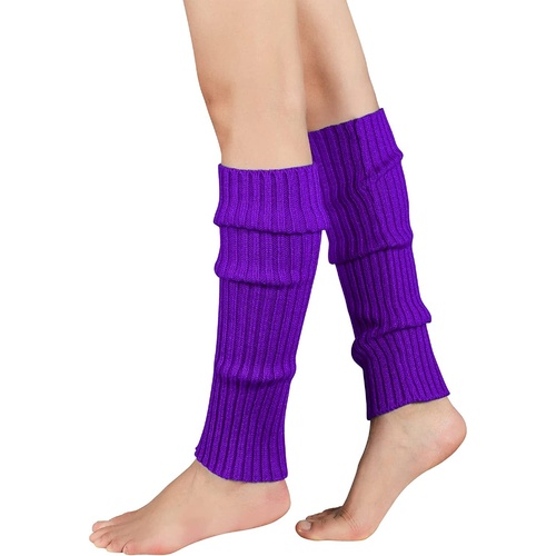 Pair of Womens Leg Warmers Disco Winter Knit Dance Party Crochet Legging Socks Costume - Eggplant - Main Image