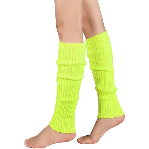 Pair of Womens Leg Warmers Disco Winter Knit Dance Party Crochet Legging Socks Costume - Fluro Yellow - Main Image