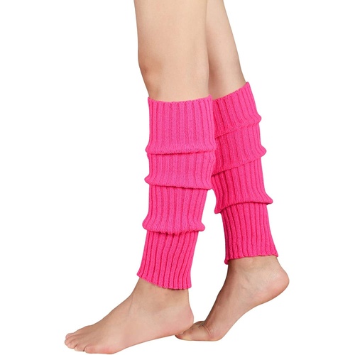 Pair of Womens Leg Warmers Disco Winter Knit Dance Party Crochet Legging Socks Costume - Hot Pink - Main Image