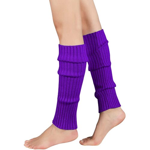 Pair of Womens Leg Warmers Disco Winter Knit Dance Party Crochet Legging Socks Costume - Purple - Main Image
