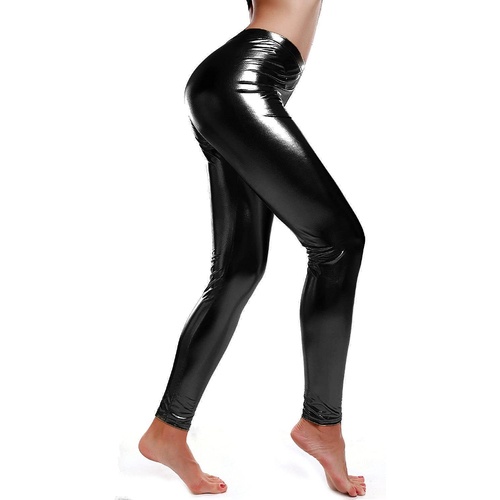 DELUXE METALLIC LEGGINGS Shiny Neon Stretch Dance Costume Fancy Dress Party - Black - Main Image