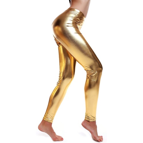 DELUXE METALLIC LEGGINGS Shiny Neon Stretch Dance Costume Fancy Dress Party - Gold/Yellow - Main Image