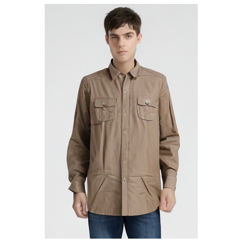 Mens Plain Slim 100% Cotton Long Sleeve Shirt Button Up Stylish Business Casual - Brown/Beige - M - Main Image