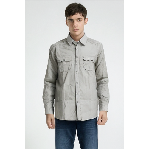 Mens Plain Slim 100% Cotton Long Sleeve Shirt Button Up Stylish Business Casual - Grey - S - Main Image