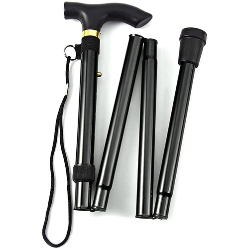 Adjustable Metal WALKING STICK Travel Cane Folding Pole Compact Retractable Hike - Black - Main Image