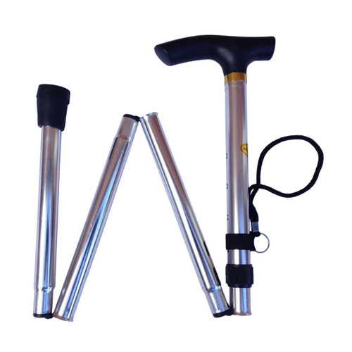 Adjustable Metal WALKING STICK Travel Cane Folding Pole Compact Retractable Hike - Silver - Main Image