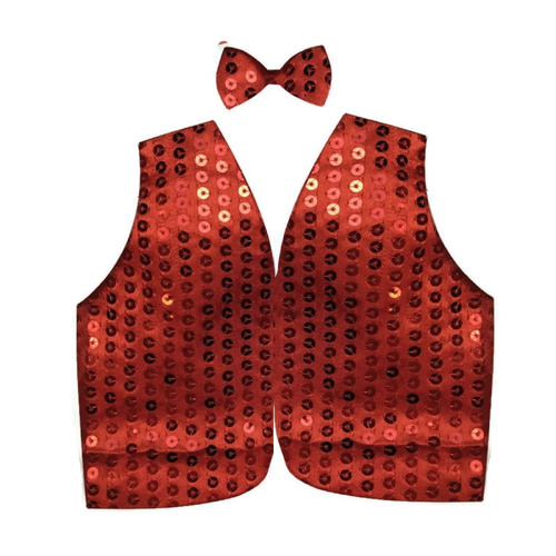 Mens SEQUIN VEST Dance Costume Party Coat Disco Accessory Sparkle Waistcoat - Red - Main Image