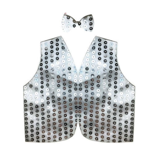 Mens SEQUIN VEST Dance Costume Party Coat Disco Accessory Sparkle Waistcoat - Silver - Main Image