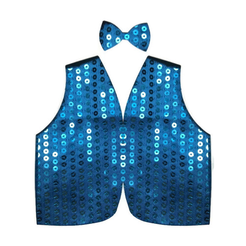 Mens SEQUIN VEST Dance Costume Party Coat Disco Accessory Sparkle Waistcoat - Sky Blue - Main Image