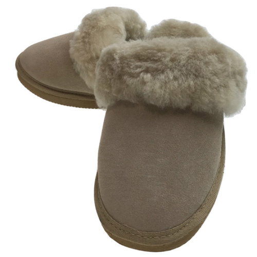 100% Sheepskin Moccasin Slippers Winter Genuine Scuffs Slip On Mens Womens - Beige (with fur) - 7 - Main Image