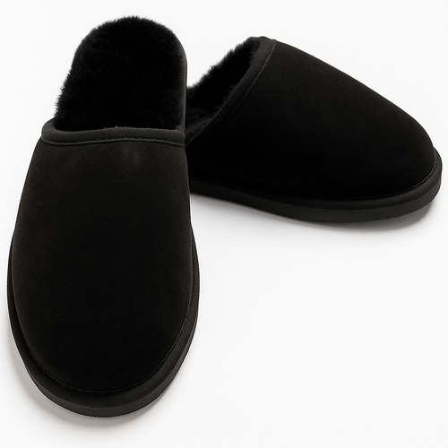 Sheepskin Wool Mens Slippers Scuffs Slip On Winter Ugg Slippers in Black - 8 - Main Image