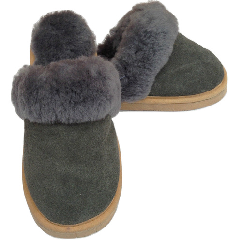 100% Sheepskin Moccasin Slippers Winter Genuine Scuffs Slip On Mens Womens - Grey (with fur) - 6 - Main Image