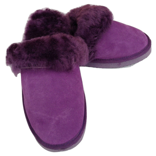 100% Sheepskin Moccasin Slippers Winter Genuine Scuffs Slip On Mens Womens - Purple (with fur) - 9 - Main Image