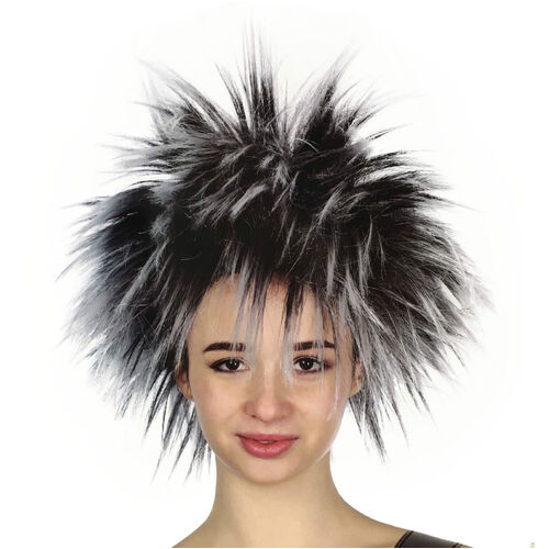 SPIKY WIG Punk Short Costume Party Hair Cosplay Rock Fancy Dress Womens 80s - Black/White - Main Image