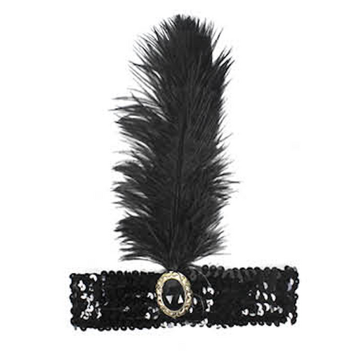 WIDE FLAPPER HEADBAND Feather Sequin Costume Gatsby Charleston Headpiece 1920s - Black - Main Image