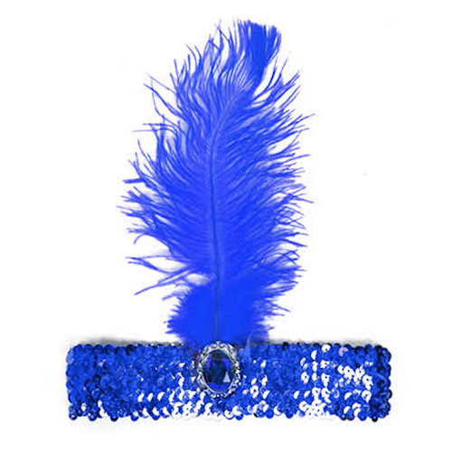 WIDE FLAPPER HEADBAND Feather Sequin Costume Gatsby Charleston Headpiece 1920s - Blue - Main Image