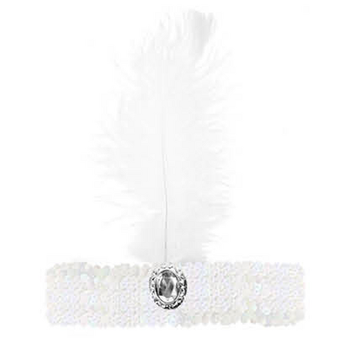 WIDE FLAPPER HEADBAND Feather Sequin Costume Gatsby Charleston Headpiece 1920s - White - Main Image