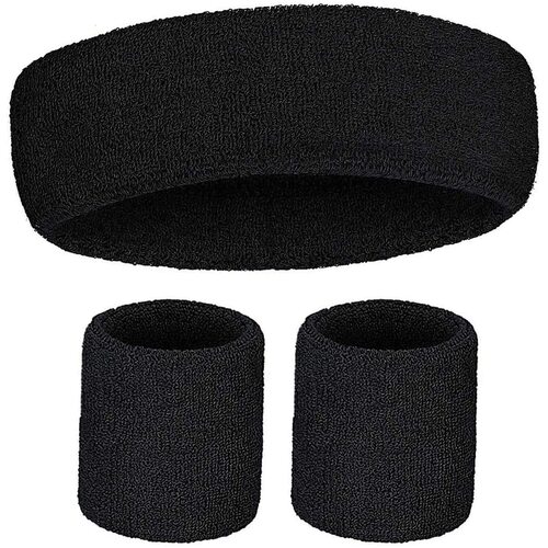 WRISTBAND & HEADBAND SET Tennis Terry Towelling Cotton Sweat Band Team Gym  - Black - Main Image