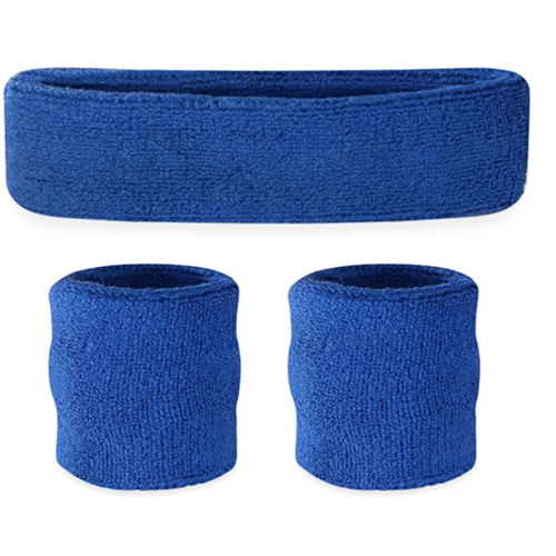 WRISTBAND & HEADBAND SET Tennis Terry Towelling Cotton Sweat Band Team Gym  - Blue - Main Image