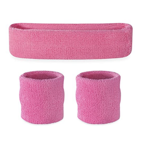 WRISTBAND & HEADBAND SET Tennis Terry Towelling Cotton Sweat Band Team Gym  - Light Pink - Main Image