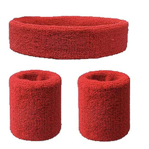 WRISTBAND & HEADBAND SET Tennis Terry Towelling Cotton Sweat Band Team Gym  - Red - Main Image