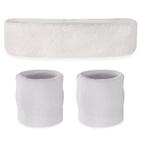 WRISTBAND & HEADBAND SET Tennis Terry Towelling Cotton Sweat Band Team Gym  - White - Main Image
