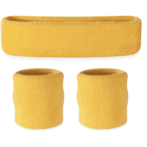 WRISTBAND & HEADBAND SET Tennis Terry Towelling Cotton Sweat Band Team Gym  - Yellow - Main Image