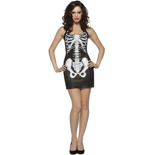 Womens SKELETON COSTUME Halloween Bones Tank Dress Black White Party - Main Image