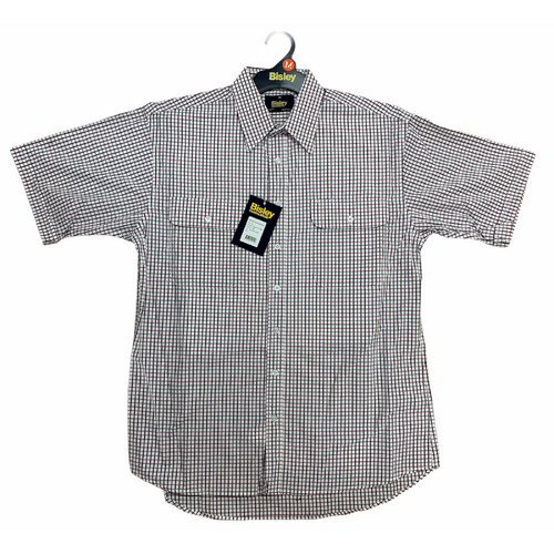 Bisley Mens Short Sleeve Check Shirt Checkered Cotton Blend Casual Business Work - Burgundy - L - Main Image