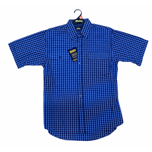 Bisley Mens Short Sleeve Seersucker Shirt Checkered Cotton Blend Casual Business Work - Blue - M - Main Image