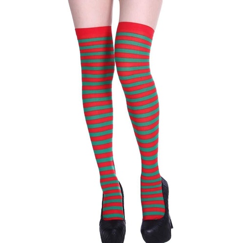 Christmas Over The Knee Socks Red Green Xmas Candy Cane Striped Socks Elf - Main Image