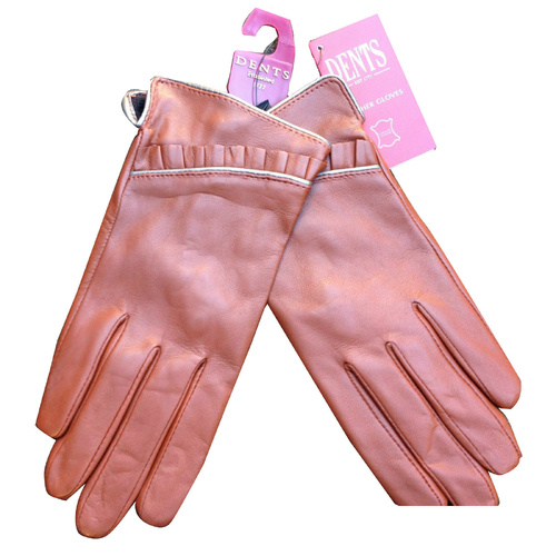 DENTS Ladies Sheepskin Lined Ruffle Piping Gloves Driving LL1017 Purple Cognac - Cognac - Large - Main Image