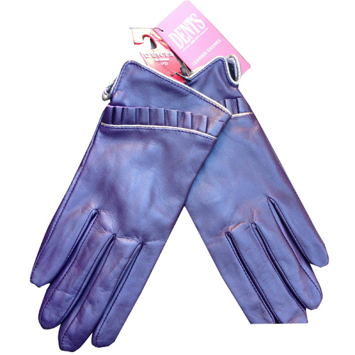 DENTS Ladies Sheepskin Lined Ruffle Piping Gloves Driving LL1017 Purple Cognac - Purple - Large - Main Image