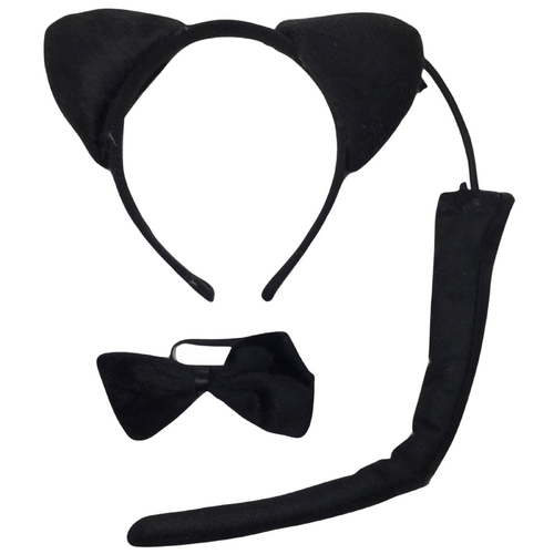 BLACK CAT EARS HEADBAND w Bow Tail Animal Costume Halloween Party Hair Accessory - Main Image