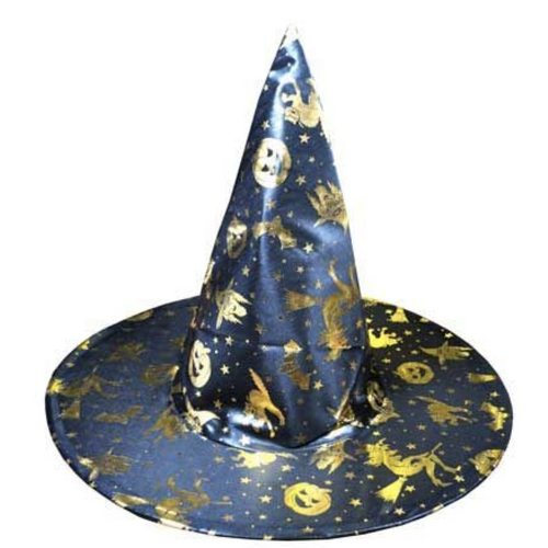 WITCH HAT Gold & Black Halloween Costume Fancy Dress Womens Accessory Wizard - Main Image
