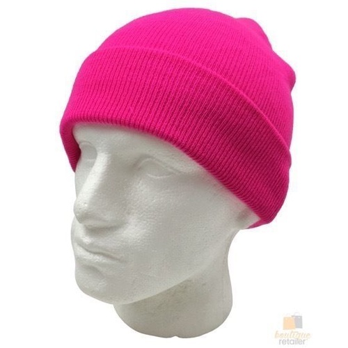 PLAIN FLURO BEANIE Hi Vis Unisex Winter Warm Hat Ski Party Costume Cap Knit - Fluro Pink - Main Image