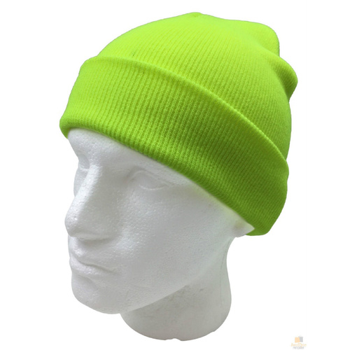 PLAIN FLURO BEANIE Hi Vis Unisex Winter Warm Hat Ski Party Costume Cap Knit - Fluro Yellow - Main Image