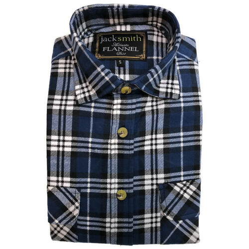Mens Flannelette Shirt 100% Cotton Check Authentic Flannel Long Sleeve Vintage - Navy Check - S - Main Image